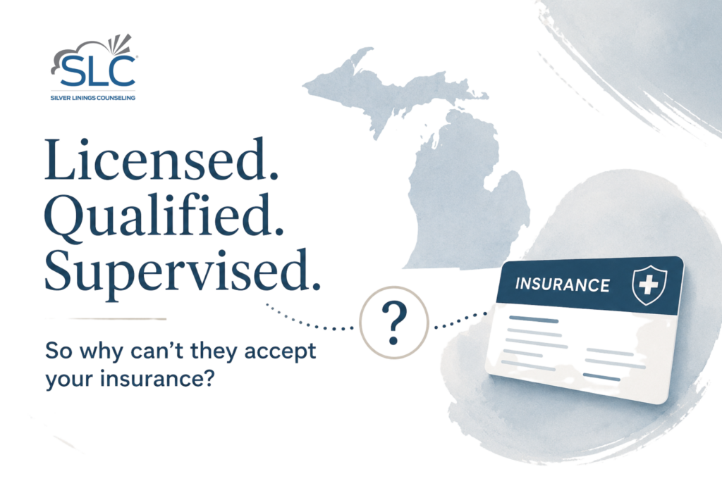 Editorial graphic about limited licensed therapists, insurance coverage, and access to mental health care in Michigan